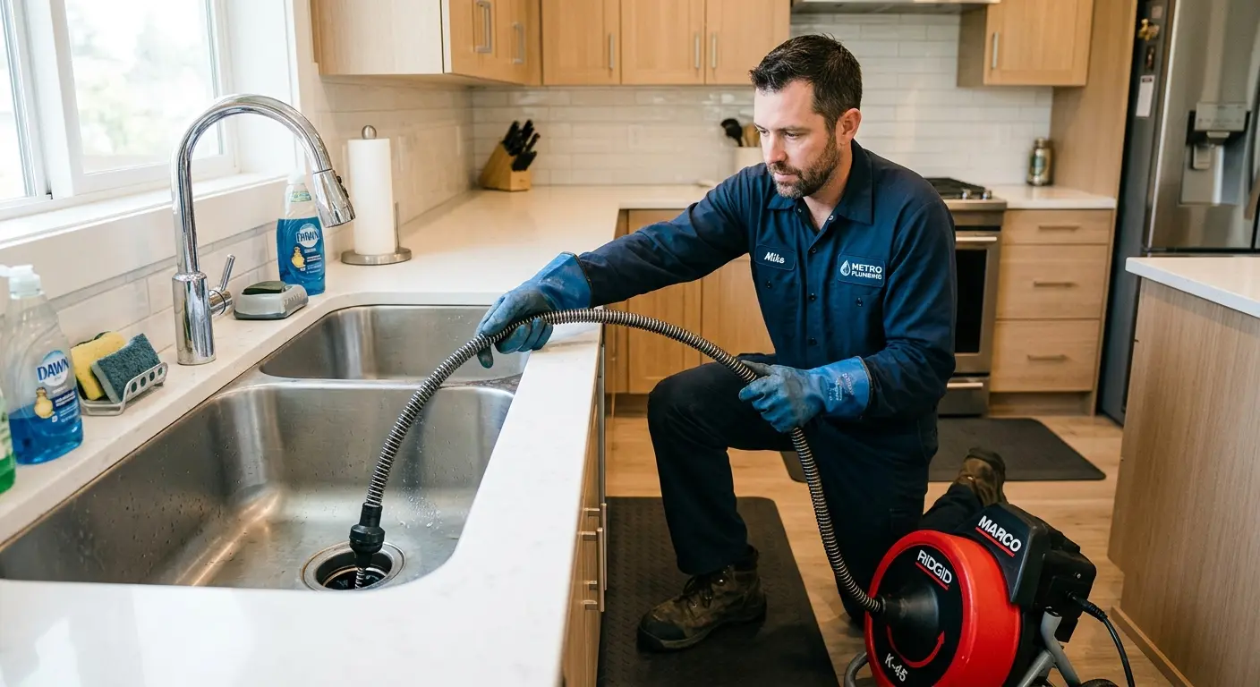 Drain cleaning technician using a motorized snake on a kitchen sink in Little Chute