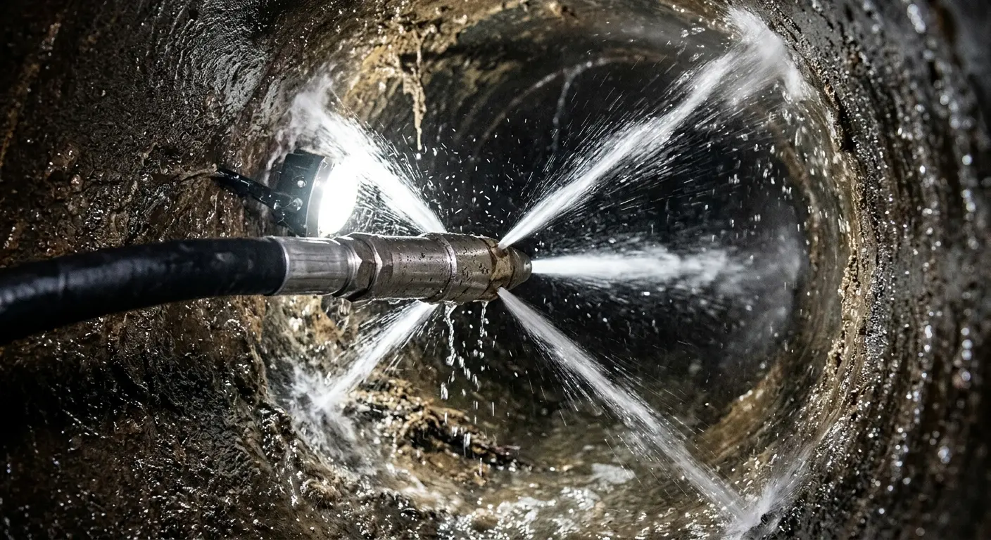 High-pressure hydro jetting nozzle cleaning sewer pipe for Sewer Cleanout in Little Chute