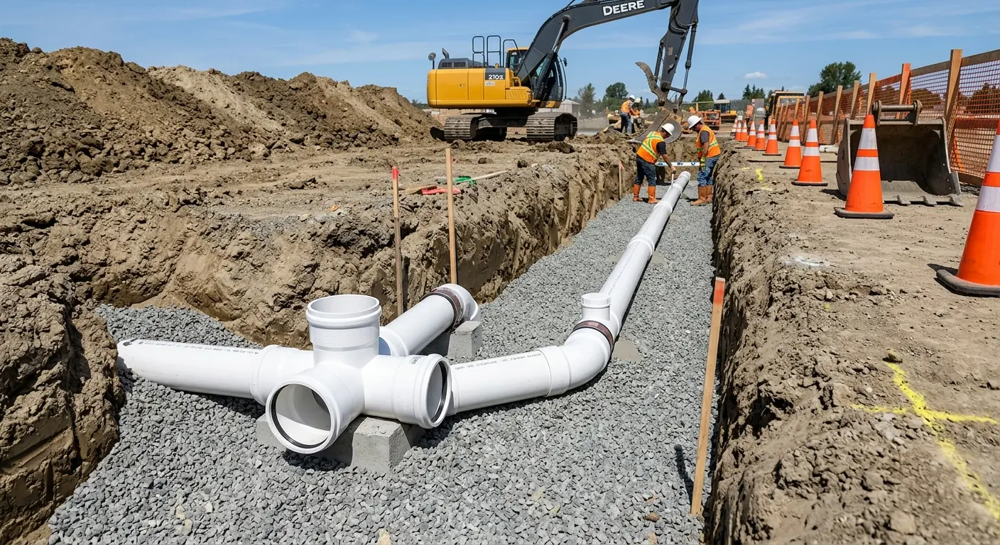 New PVC sewer pipe installation in open trench for Sewer Backup in Little Chute