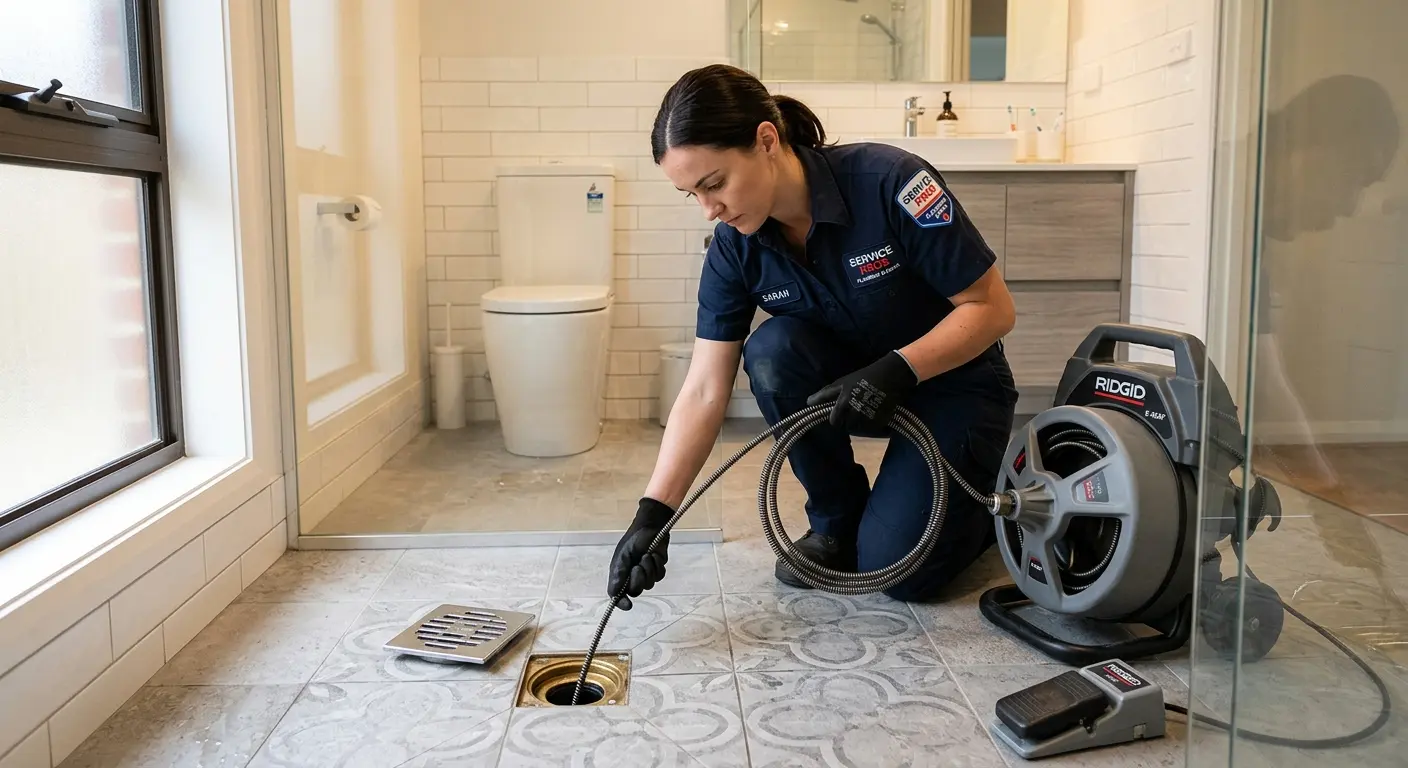 Technician clearing a bathroom floor drain for Hydro Jetting in Little Chute